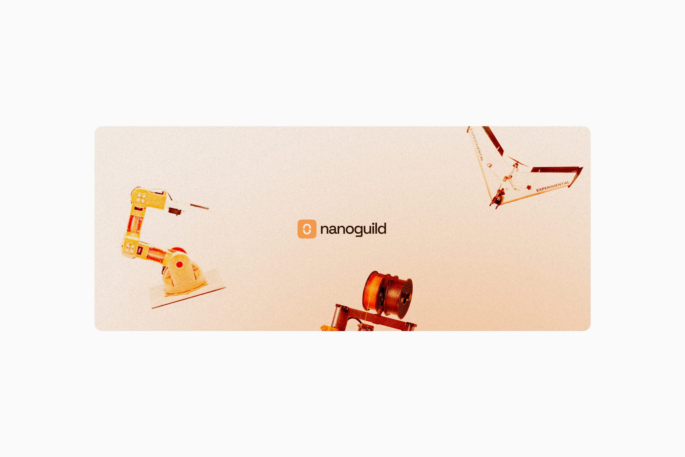 Nanoguild brand banner — the wordmark set among a cut-out robotic arm, a 3D-printer head and an experimental aircraft.